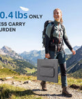 Hiker carrying Ultra Light 200W Foldable Solar Panel 12V with Next Gen BC Tech on a mountain trail, 10.4 lbs lightweight.