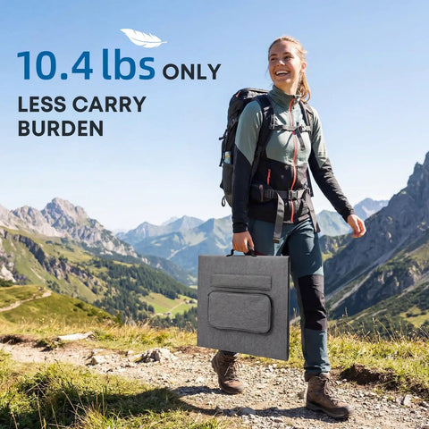 Hiker carrying Ultra Light 200W Foldable Solar Panel 12V with Next Gen BC Tech on a mountain trail, 10.4 lbs lightweight.