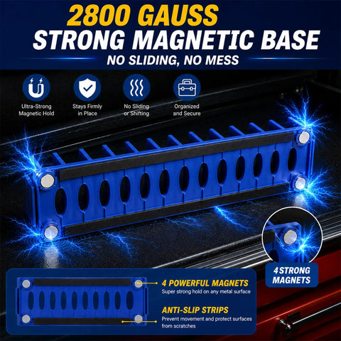 Low Profile 24 Slot Pliers Organizer Rack With Magnetic Base For Toolbox Drawers 2 Pack in blue showing strong magnetic hold.