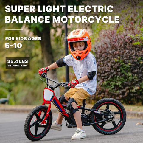 Lightweight Electric Dirt Bike For Kids Kid Friendly, 24V Detachable Battery, 170 340W Motor, Dual Hand Brakes, Twist Throttle, Off Road Electric Balance Bike For Ages 3 To 12, Speeds Up To 10 To 12 MPH, Safe For Beginners And Fun. child riding red electric balance bike