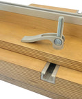 Cam Action T Track Quick Release Hold Down Clamp for Jigs, Fixtures and Shop Fences, installed on wooden jig with bolt