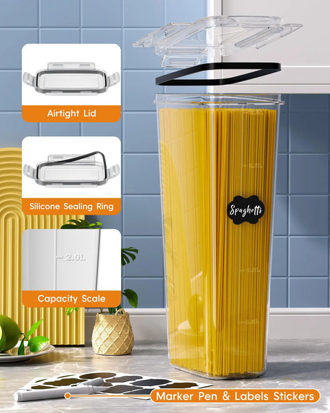 Airtight Food Storage Containers With Lids 24 Pack For Kitchen And Pantry featuring tall canister with lid, holding spaghetti.