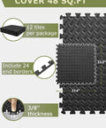 Diagram showing Interlocking Gym Floor Tiles 12 Pack Black Foam Mats For Home Gym And Garage, size and thickness details