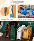 Clear Plastic Purse Organizer For Closet, 13 By 6 By 5 Inches, 4 Section Shelf Dividers in use with various bags displayed