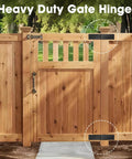 270 Degree Outdoor Gate Hinges set of four heavy duty hinges for wood fence, installed flat on wooden garden gate.