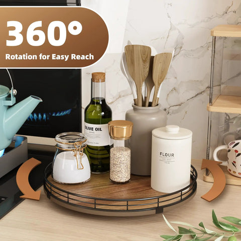 Kick Your Kitchen Clutter To The Curb With This Smooth Spinning Acacia Wood Lazy Susan Turntable Organizer And Round Wooden Tray for condiments and spices.