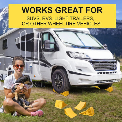 4 Pack Heavy Duty Wheel Chocks For RV Trailer And Camper, Non Slip Polypropylene Wheel Stoppers With Handle, yellow in use
