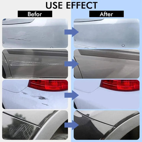 Before and after use of On The Go Car Scratch Remover Pen Kit For Any Color Vehicle showing scratch removal on various car panels.