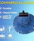 No-Sweat Heavy-Duty Mop Head Replacement, Screw-On Wet Industrial Cotton String Refill With Stiff Bristles, Prime Floor Cleaner Pack Of Two Blue, Solid Pro Grade Gear on blue background.