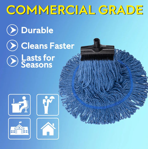 No-Sweat Heavy-Duty Mop Head Replacement, Screw-On Wet Industrial Cotton String Refill With Stiff Bristles, Prime Floor Cleaner Pack Of Two Blue, Solid Pro Grade Gear on blue background.