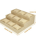 Sleek Mens Watch Organizer And Jewelry Display Tray, Soft Linen Multi Grid Pad With Fluffy Cushion For Rings, Khaki Desk Storage Caddy 3-tier design.