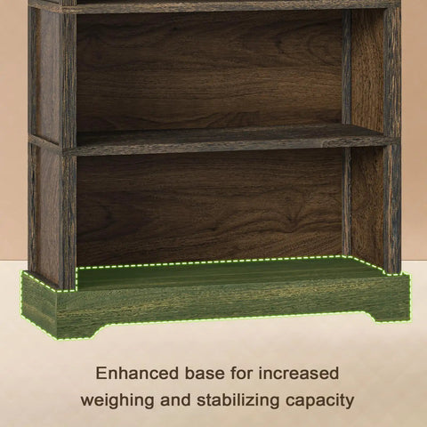 Base detail of 5 Tier Solid Wood Book Shelf Floor Standing Bookcase In Walnut Finish With Arched Base Farmhouse Style 65 Inches Tall 31.5 Inches Wide