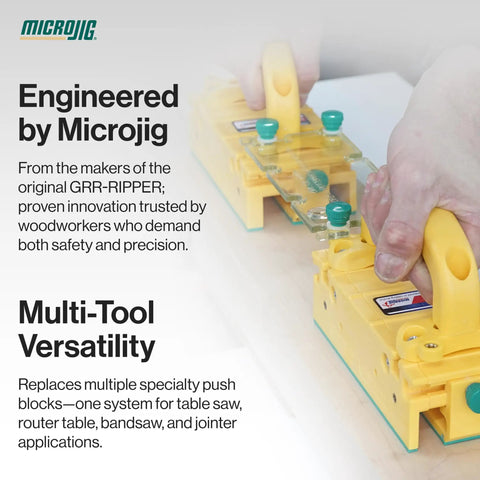 Hand using GRR-RIP Block Push Block And Deflector Connector Bundle on surface, promotes safety and precision in woodworking tools.