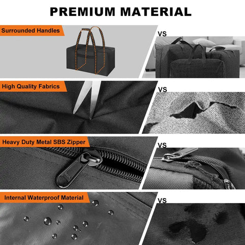 Detailed materials of Mid-Size Weekender Travel Duffle Bag, 24x12x12 Inch, 53L Capacity, showing handles, fabric, zippers, and waterproofing.