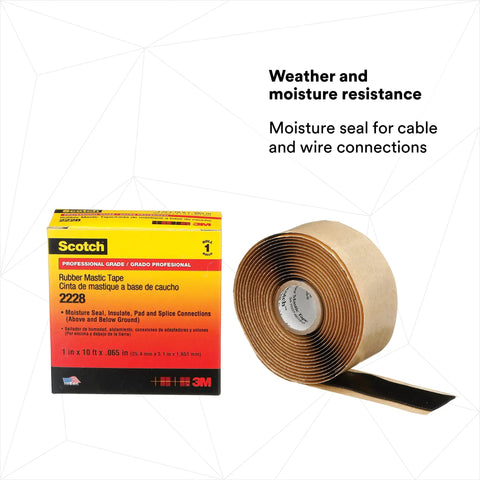 Rubber Mastic Heavy Duty Electrical Tape 2228, Conformable 1 Inch By 10 Feet, Black, Self Fusing Insulation Tape for primary electrical insulation and moisture sealing