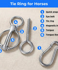 Two Pack Magnetic Horse Tie Ring Set with stainless steel rings, eye bolt, and quick snap for stables, trailers, fences.