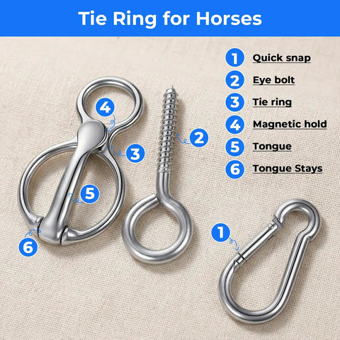 Two Pack Magnetic Horse Tie Ring Set with stainless steel rings, eye bolt, and quick snap for stables, trailers, fences.