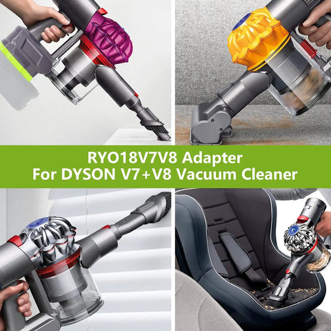 Ryobi 18V High Capacity Battery Adapter For Dyson V7 And V8 Series Vacuums with SV10 SV11 Motorhead in use on various surfaces
