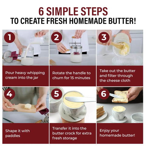 Instructions for using Hand Crank Butter Churner Mason Jar With Ceramic Crocks And Super Easy Old Fashioned Creamery Kit.