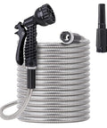 FOXEASE 25 ft stainless steel garden hose with 2 nozzles, coiled metal hose and adjustable spray head