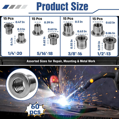 60 Piece T Shaped Weld On Nut Assortment With Four Popular Sizes Shop Grade Automotive Hardware For Chassis Fabrication And Frame Rebuilds Built Solid For Daily Grinds showing product sizes and welding application.