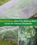 Ultra Fine Garden Netting 10x50ft Insect Barrier for Raised Beds covering crops, 0.8mm x 1mm mesh visible in use.