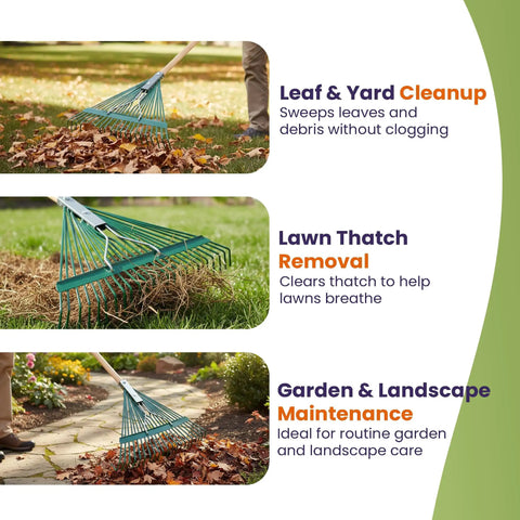 Leaf Rake Head With Deluxe Spring, 24 Inch Wide Metal Rake With 24 Tines, Bolt Through Design For Heavy Duty Yard Cleanup.