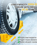 4 Pack Heavy Duty Wheel Chocks For RV Trailer And Camper, Non Slip Polypropylene Wheel Stoppers With Handle For Easy Removal, Yellow, Durable Wheel Chocks For Cars Trucks Campers And Trailers holding a tire in place on pavement, showing size use up to 26 inches.