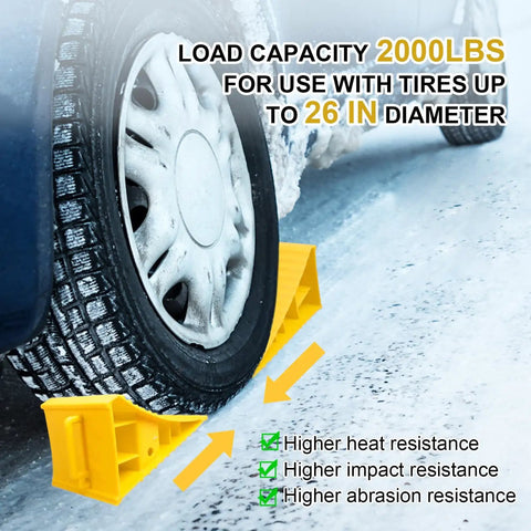 4 Pack Heavy Duty Wheel Chocks For RV Trailer And Camper, Non Slip Polypropylene Wheel Stoppers With Handle For Easy Removal, Yellow, Durable Wheel Chocks For Cars Trucks Campers And Trailers holding a tire in place on pavement, showing size use up to 26 inches.