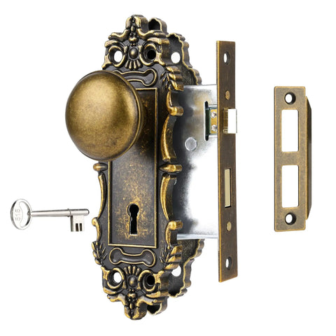 Antique Brass Mortise Lock Set For Interior Doors With Vintage Door Knob And Skeleton Key Old School Lock Replacement Retro Hardware