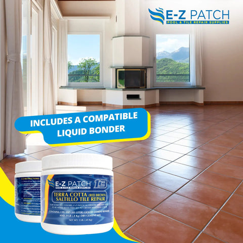 Saltillo Tile Repair Kit For DIY Fixes Terra Cotta Tile Filler In Red Brown 1 Pound Easy Mix With Water For Long Lasting Crack And Chip Repair In Rustic Bathrooms And Floors displayed in living room with terracotta tiles.