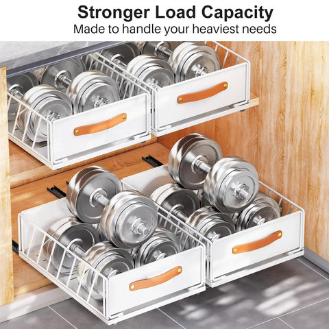 Top Shelf Pull Out Cabinet Organizer With Adhesive Nano Film Hella Sturdy Slide Out Pantry Shelves And Sliding Mesh Basket With Handle For Kitchen Bathroom And Home 11 Point 8 By 15 Point 7 By 6 Point 2 Inches White storing dumbbells in sliding wire baskets.