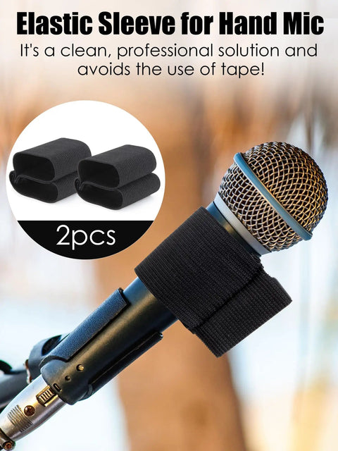 Elastic Handheld Microphone Sleeve For Rode Wireless GO II ME PRO System attached to handheld mic, shown in 2 pack.