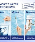 Hard Water Test Strips Kit With Dual Color Pads For Quick Accurate Home Water Testing Of Drinking Water Tap Water Well Water Pool And Spa Water With Sample Tube And 150 Strips shown in a 3-step usage guide.