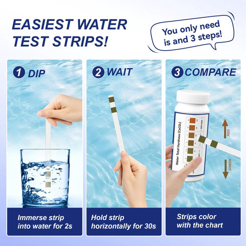 Hard Water Test Strips Kit With Dual Color Pads For Quick Accurate Home Water Testing Of Drinking Water Tap Water Well Water Pool And Spa Water With Sample Tube And 150 Strips shown in a 3-step usage guide.