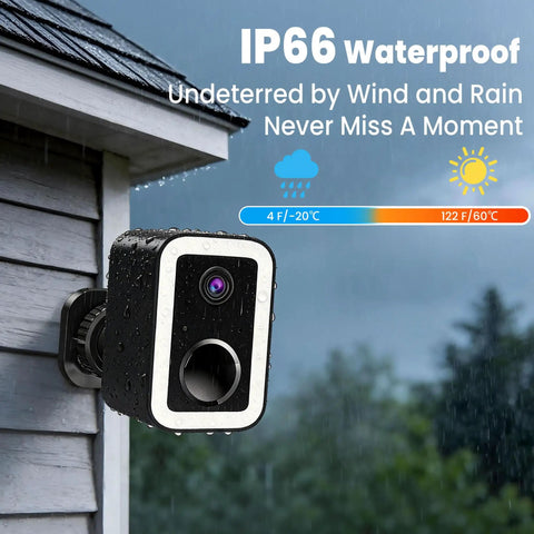 Two Pack Wireless Outdoor Security Cameras With True Color Night Vision AI Motion Detection And Spotlight Siren Alarm Battery Powered Two Way Audio Weatherproof Home Surveillance System mounted on an exterior wall