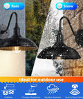 Dusk To Dawn Barn Light Fixtures With Gooseneck Outdoor Lighting For House Yard Curb Appeal Weatherproof Exterior shown in rain and snow conditions