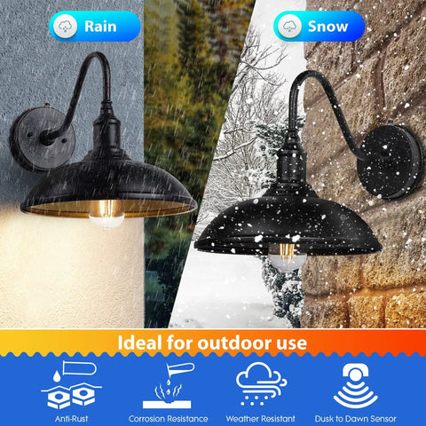 Dusk To Dawn Barn Light Fixtures With Gooseneck Outdoor Lighting For House Yard Curb Appeal Weatherproof Exterior shown in rain and snow conditions