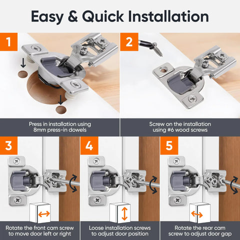 Installation steps for 60 Pack Soft Close Cabinet Hinges For Kitchen Cabinets With Three Quarters Inch Overlay Face Frame Concealed Hidden Hinges