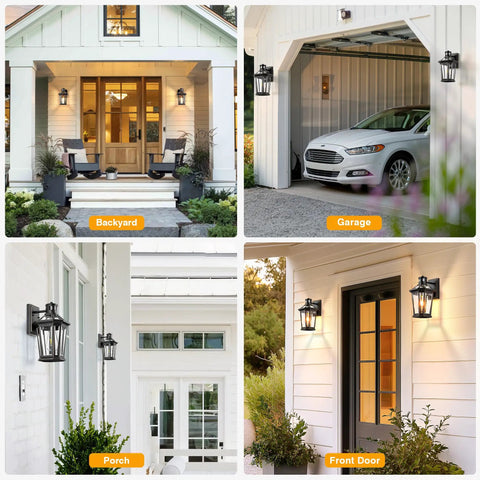 Motion Sensor Outdoor Wall Lantern In Black With Dusk To Dawn LED Exterior Sconce on porch, garage, front door, backyard settings