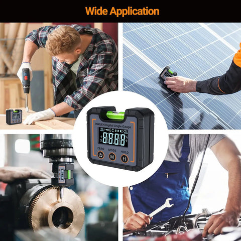 Pro Grade Digital Angle Finder And Level With Magnetic Base And High Contrast Display showing wide application uses in woodwork, solar panel setup, and machinery maintenance.