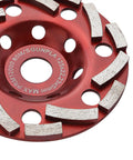 Top view of Diamond Grinding Cup Wheel 5 Inch For Angle Grinder Built For Polishing And Cleaning Concrete Granite Stone Marble Cement Masonry Rock This Tough Kickass Performance Delivers Fast Cut And Smooth Finish For Long Life, showing red segmented surface for effective material removal.