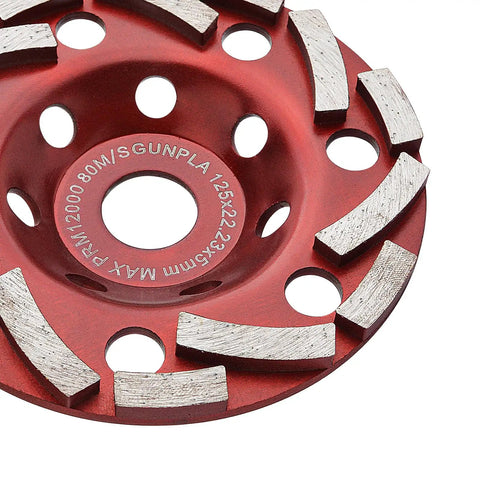 Top view of Diamond Grinding Cup Wheel 5 Inch For Angle Grinder Built For Polishing And Cleaning Concrete Granite Stone Marble Cement Masonry Rock This Tough Kickass Performance Delivers Fast Cut And Smooth Finish For Long Life, showing red segmented surface for effective material removal.
