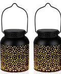Outdoor Solar Lanterns Pack of 2 Waterproof Hanging Lanterns With Handles, Dope Metal Solar Powered Lights with glowing pattern.