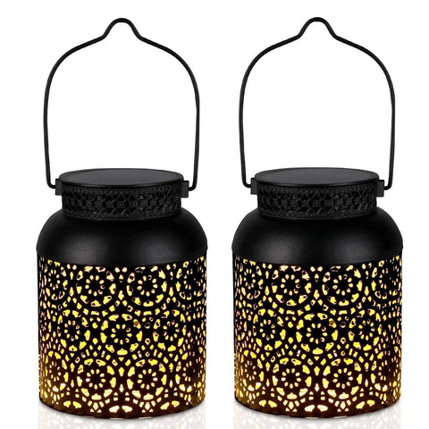 Outdoor Solar Lanterns Pack of 2 Waterproof Hanging Lanterns With Handles, Dope Metal Solar Powered Lights with glowing pattern.