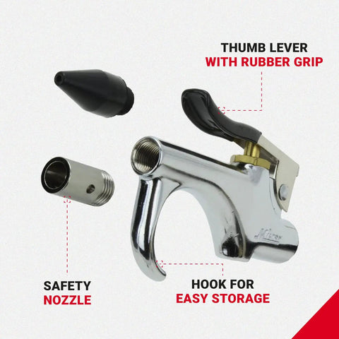 Quarter Inch Npt Lever Blow Gun With Rubber Tip And Safety Nozzles, silver body, thumb lever, and storage hook visible