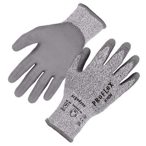 ProFlex 7030 Cut Resistant Work Gloves ANSI A3 With PU Coated Palms, Gray Medium, showing front and back design.