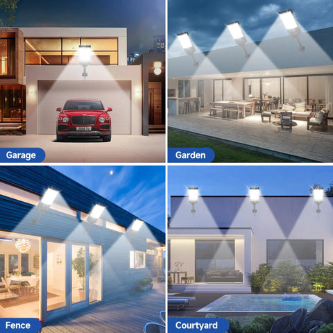 Outdoor Solar Street Lights With Remote Control Motion Sensor Waterproof Flood Light 6500K Dusk To Dawn illuminating different areas.