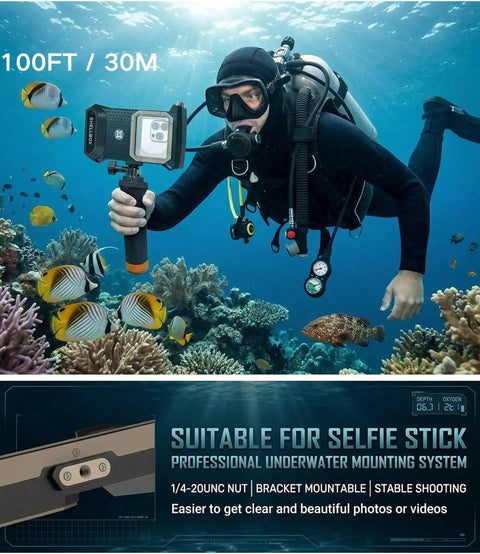 Diver using 5th Generation Diving Phone Case For iPhone 17 16 15 14 Pro Max And Galaxy S25 S24 S23 Ultra Waterproof Underwater Housing With 6.9 Inch Universal Fit Top Pick For Scuba Snorkeling Gray