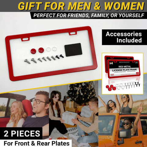 Slim Red License Plate Frames 2 Pack, Rust Free Stainless Steel, Street Legal Front And Rear Car Tag Holders With Screw Caps